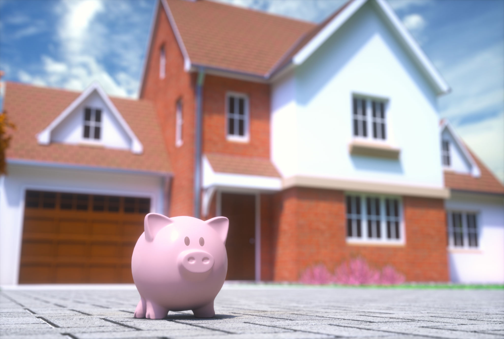 piggy bank in front of home garage